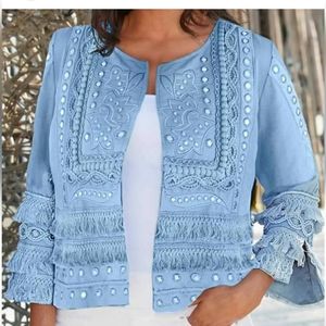 Indigo Moon Woven 3/4 Sleeve Hook Front Fringe Detailed Embroidered Jacket. XL